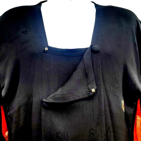 Vintage Japanese Black Silk Kimono Haori Hand Painted Metallic Leaves Red Lining - Picture 7 of 13